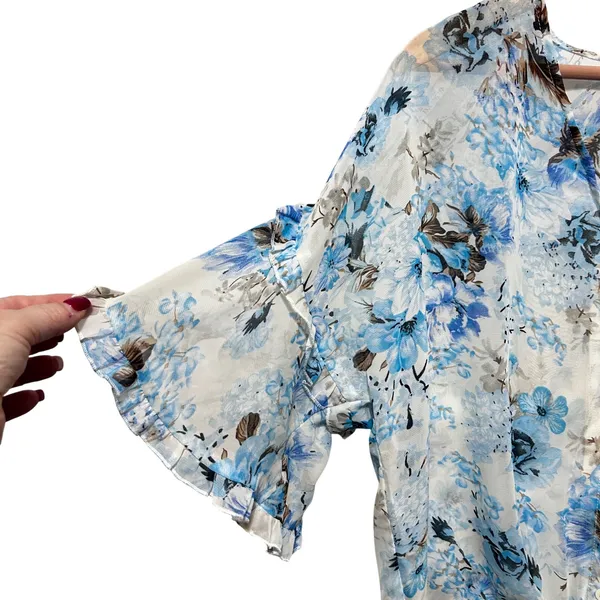 Umgee Women Top‎ S Blue Cottage Floral Chiffon Tie Front Ruffle Flutter Sleeve - Image 4