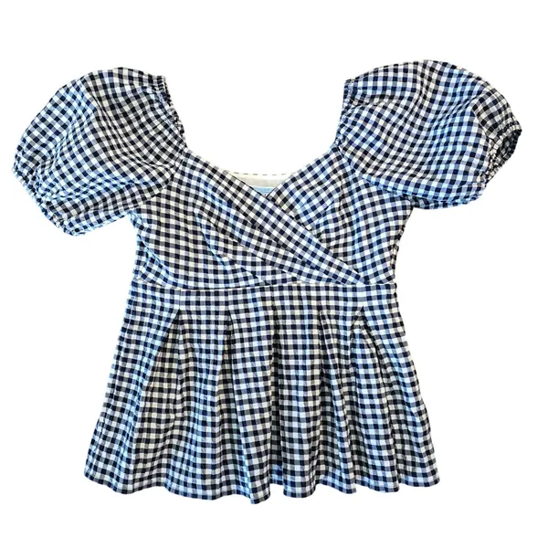Draper James Women’s Gingham Puff Sleeve Peplum Top Blue White Blouse Size L - Image 7