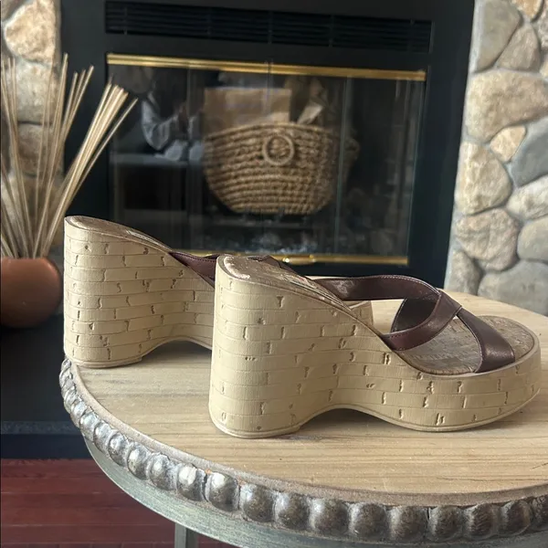 Steve Madden Colins Brown Leather Wooden Platform Wedge Sandals Size 7.5 - Image 9