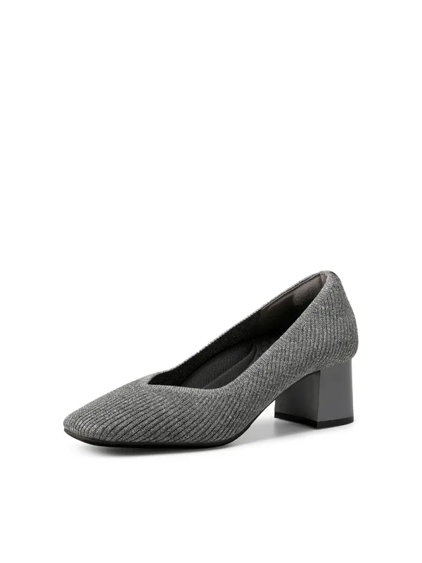 Burudani Flower Gray Knit Block Heel Pumps - Sleek Everyday Dress Shoes - Image 2