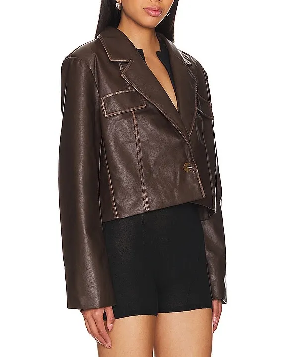 Revolve Superdown Blakely Faux Leather Brown Cropped Blazer Jacket - Image 2