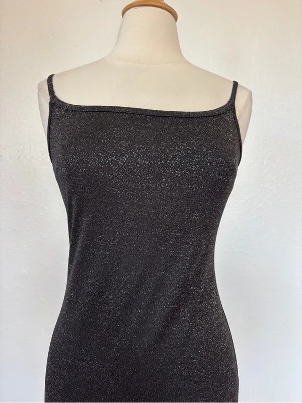 Vintage 90s Black + Silver Glitter Full Length Sleeveless Prom Dress - Image 10