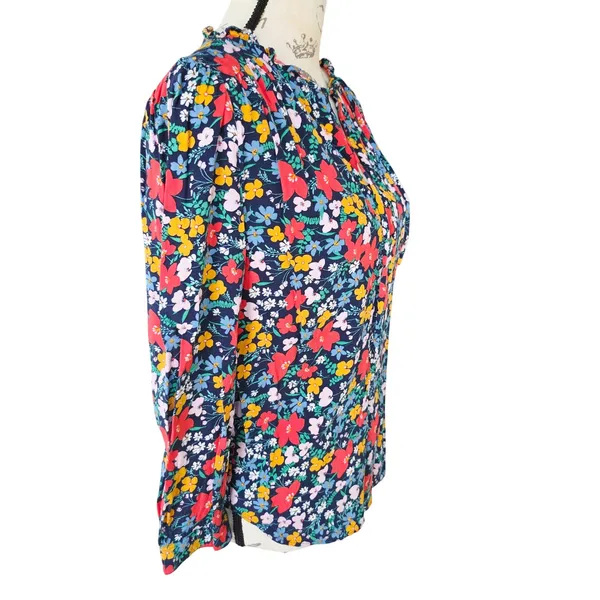 LOFT Womens Floral Ruffle Split Neck Tie Blouse Navy‎ Blue Multi Color Small - Image 4