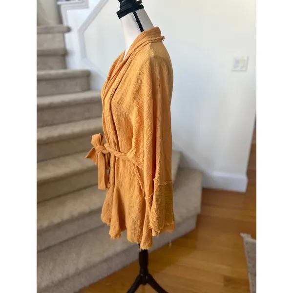 Urban Mango Boho Light Orange Raw Hem Embroidered Tie Waist Kimono - Image 3