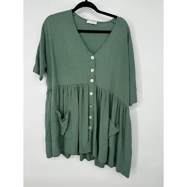 Vestique Babydoll Dress S Green Short Sleeve Button Front Pockets‎ Casual Boho - Image 2