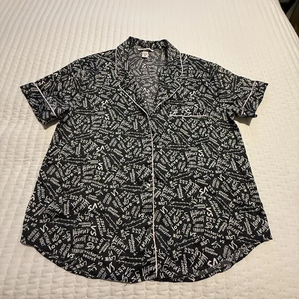 Victoria’s Secret PJ Pajama Button Up Shirt Top Sz L Large Black & Pink - Image 14