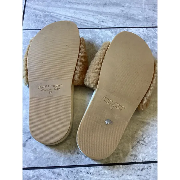 Jenni Kayne Shearling Slides Camel Tan Suede Sandals Made in Italy Size 37 - Image 3