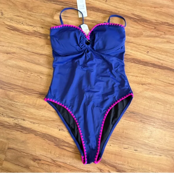 Cupshe Royal Blue Pink Trim‎ One Piece Swimsuit Keyhole Cutout Size M - Image 2