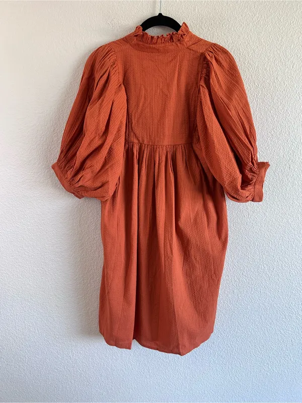 NWT‎ Never a Wallflower High Neck Dress Orange Seersucker Ruffle Puff Sleeve - Image 7