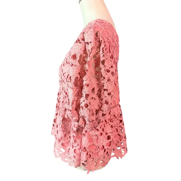 Endless Rose Womens L Coral Floral Lace Peplum Blouse V Neck Puff Sleeve Lined - Image 5