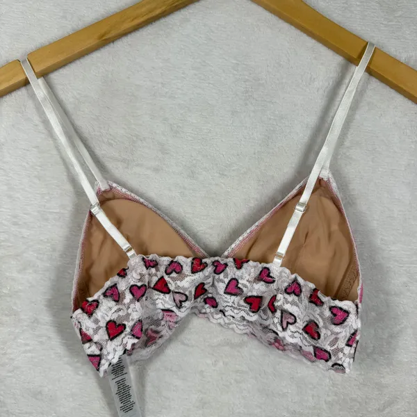 Hanky Panky‎ Heart Print Padded Lace Triangle Bralette White Red Pink Small NWOT - Image 4