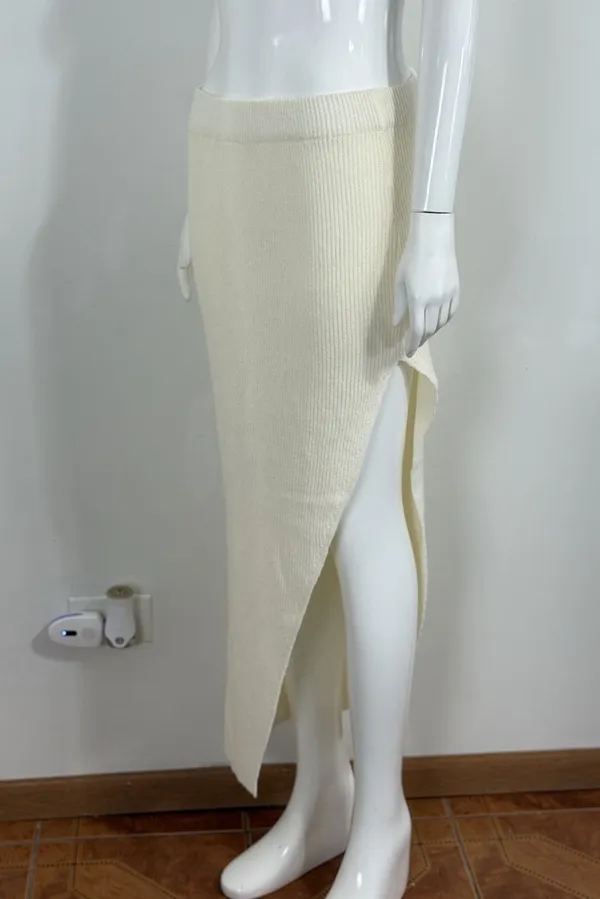 Mimosa Women’s Ivory Ribbed Knit Maxi Skirt Side Slit Stretch Bodycon Size L - Image 2