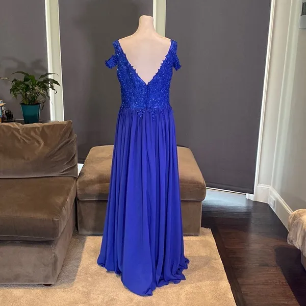 Women’s Blue A-Line Lace Appliqué Bridesmaid Party Dress Leg Slit Size 10 NWT - Image 4