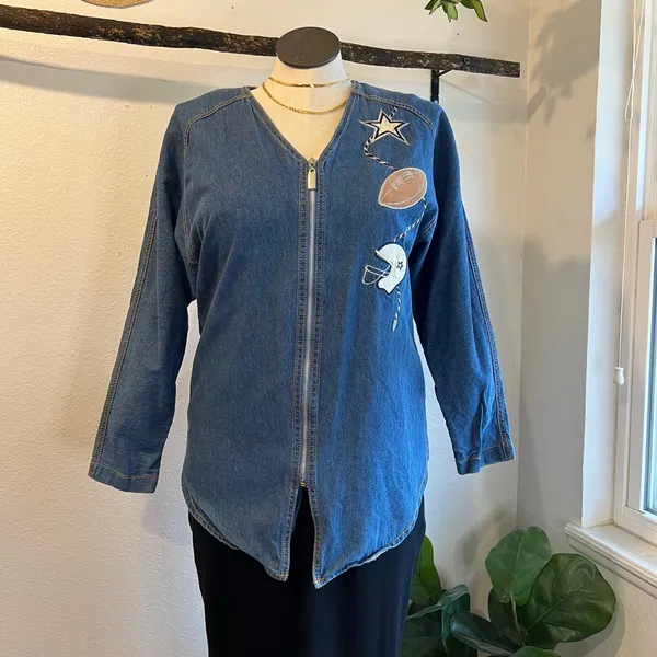 Vintage Denim Cotton Zip Up Sports Football Embroidered Jean Shirt Size Large - Image 5