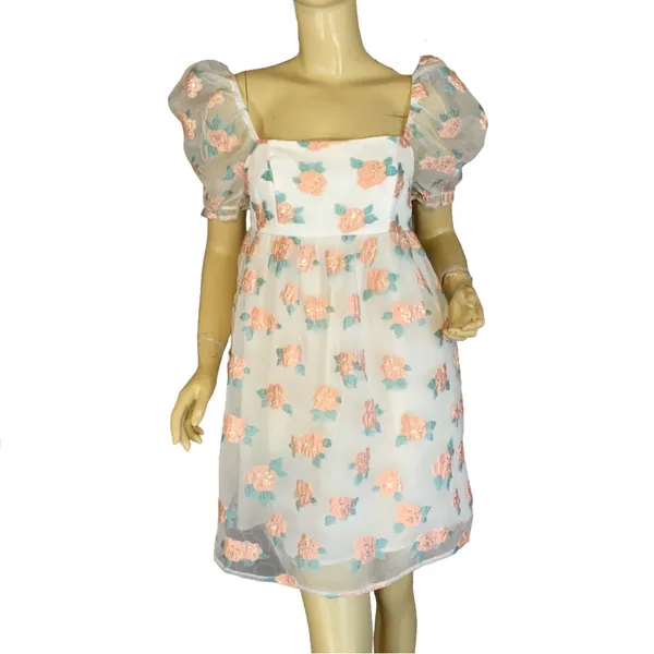 Altar'D State White W/Peach & Green Floral Print Organza Baby Doll Dress (M) - Image 2