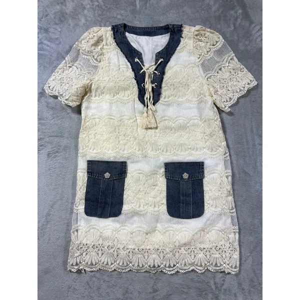 Boho Mini Dress Denim White Lace Crochet Cottagecore Western Large - Image 2