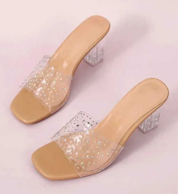 Beige Tan Neutral Rhinestone Block Heels Kitten Mules - Image 2