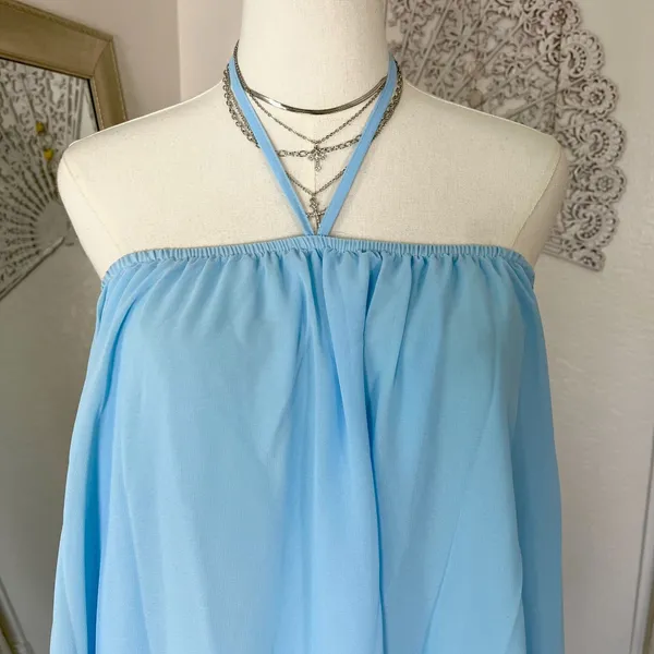 Light Blue Chiffon Halter Flutter Babydoll Asymmetric Mini Dress S - Image 5