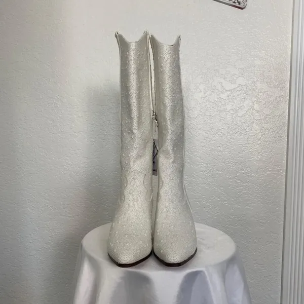 Bieoshli NWT Coquette Ivory Cream White Beaded Pearl Cowboy Cowgirl Boots US 6 - Image 4