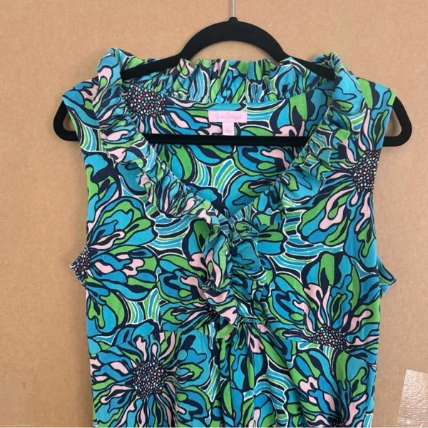 Lilly Pulitzer Clare Dress Blue Green Floral Ruffle Sleeveless Midi Size Large - Image 5