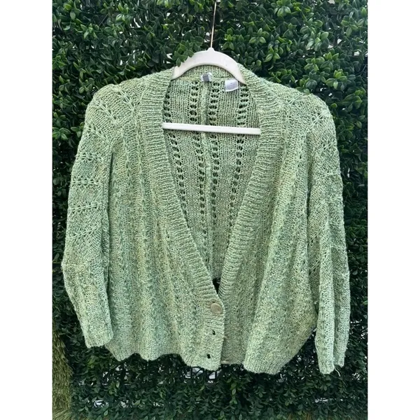BKE‎ Sage Green Chunky Knit Button Front Cardigan Sweater Med Slouchy Pointelle - Image 2