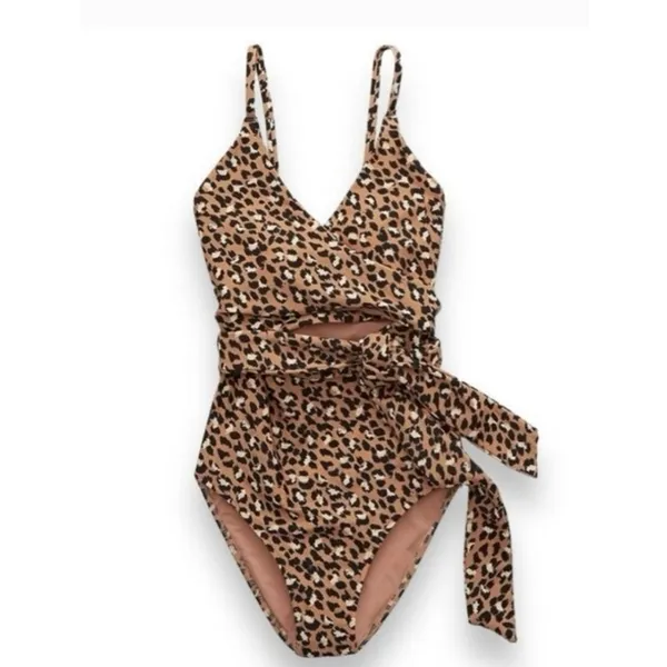 Aerie‎ Leopard Print Wrap One Piece Swimsuit Full Coverage Size Medium - Image 3