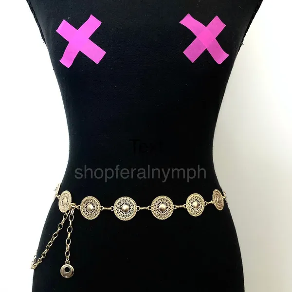 Gold Y2K Textured Round Medallion Boho Chain Belt, Fits 25-44.5 Inches, X7GA1247 - Image 2