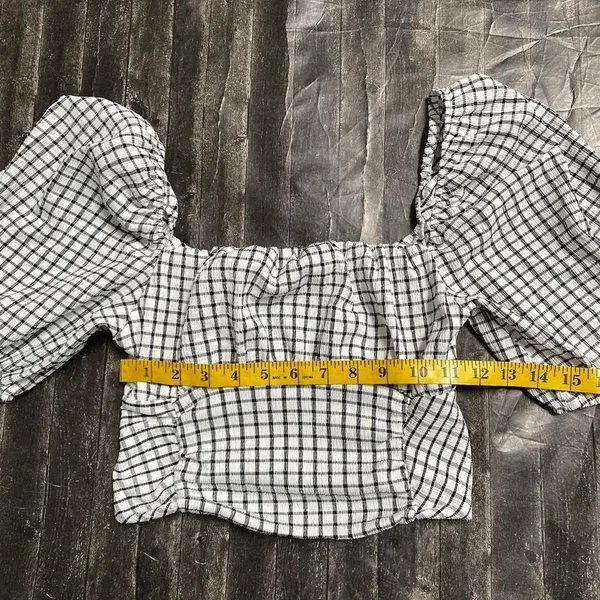 Bershka Plaid Gingham Crop Smocked Milkmaid Top Cottagecore Boho Peasant - Image 6