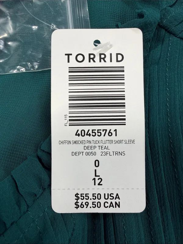 Torrid NWT Deep Teal Chiffon Smocked Pin Tuck Flutter Short Sleeve Blouse Top - Image 8