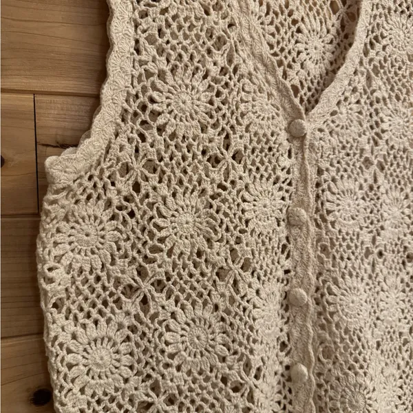 Vintage Chazzz Charles Ghailian Large Open Knit Crochet Button Front Vest Boho - Image 3
