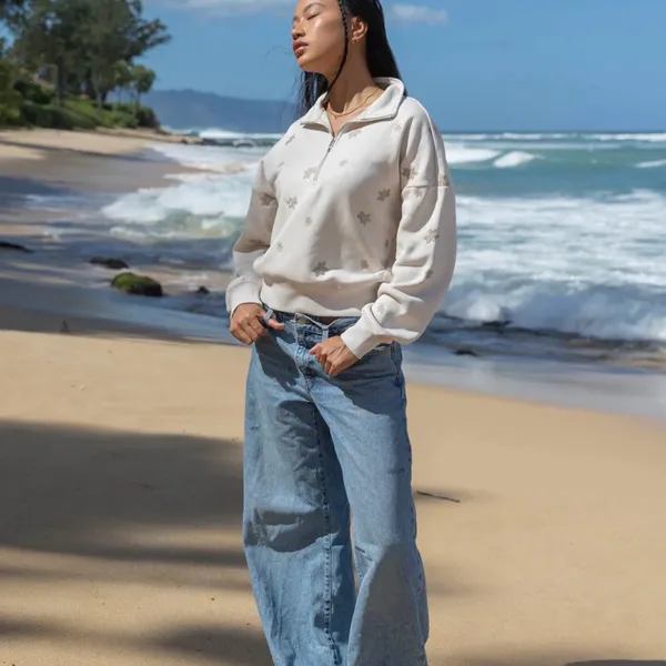 Elevated Faith Floral Half Zip Sweatshirt L Cream Cropped Cozy - Image 4