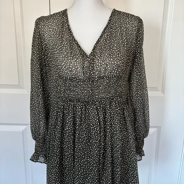 Zara Green & White Polka Dot Mini Dress – Long Sleeve Smocked Waist, Size M - Image 4