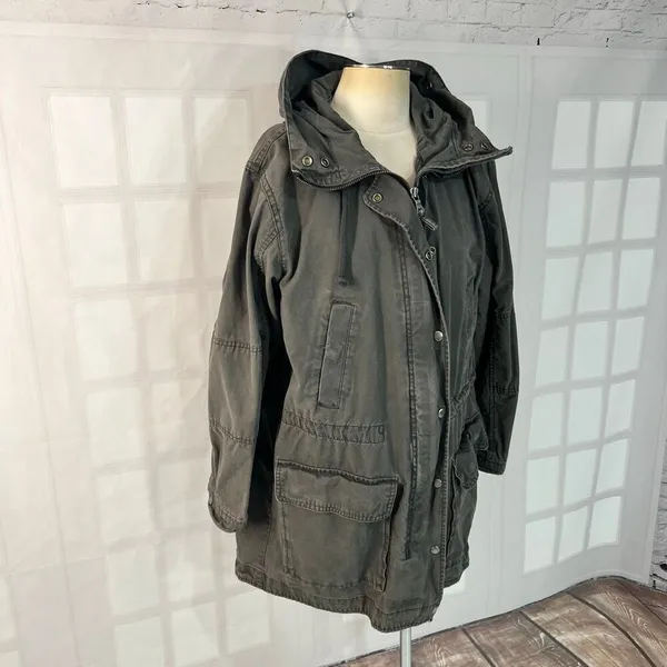 Gap Grey Winter Warmth Full Zip Snap Mid Length Cotton Hooded Jacket Size XL - Image 2