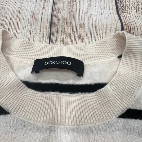 Dokotoo Womens Striped Puff Sleeve Knit Top Black White‎ Short Sleeve Sweater L - Image 2