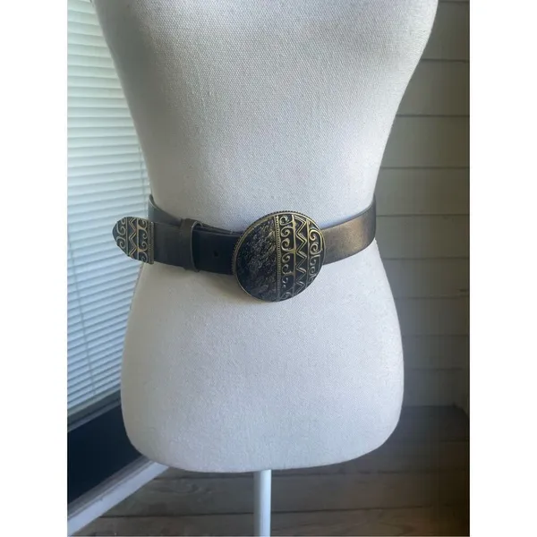 Chicos Leather Black Gold Metallic Large Buckle Belt Size S Retro - Image 9