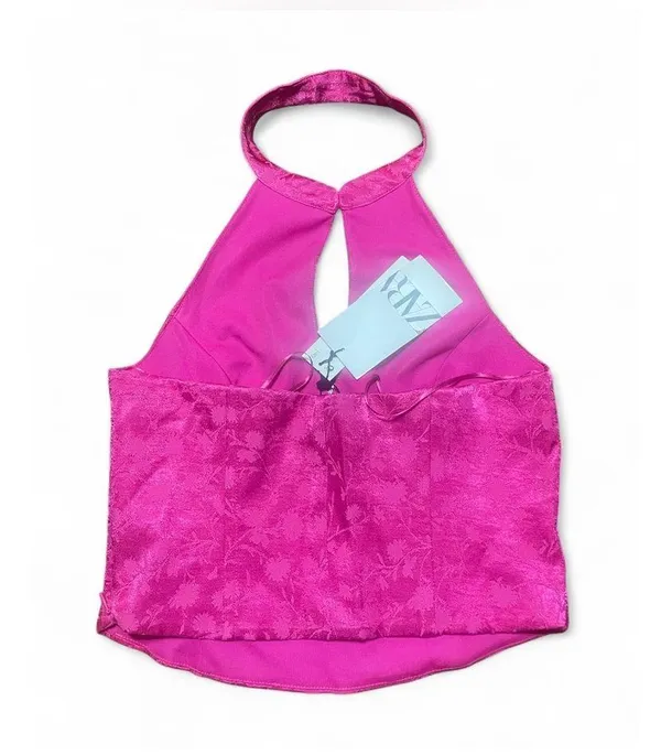 ZARA Jacquard Halter Corset Cropped Keyhole Top Button Side Zip Hot Pink Size M - Image 3