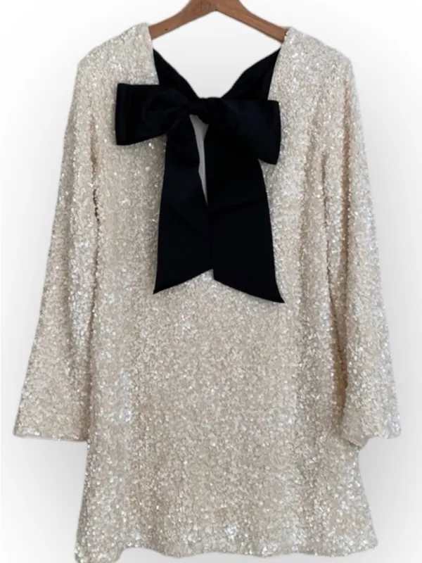 H&M White Sequin Back Black Bow Viral Mini Whimsical Dress Sz XS Holidays New Years - Image 10