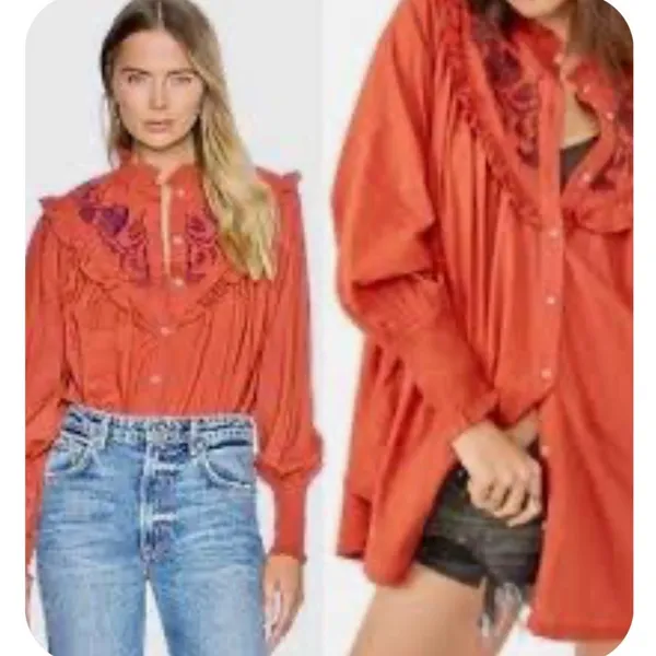Free‎ People Rose Vines Top Women Small Rust Orange Embroidered Ruffle Smocked - Image 2