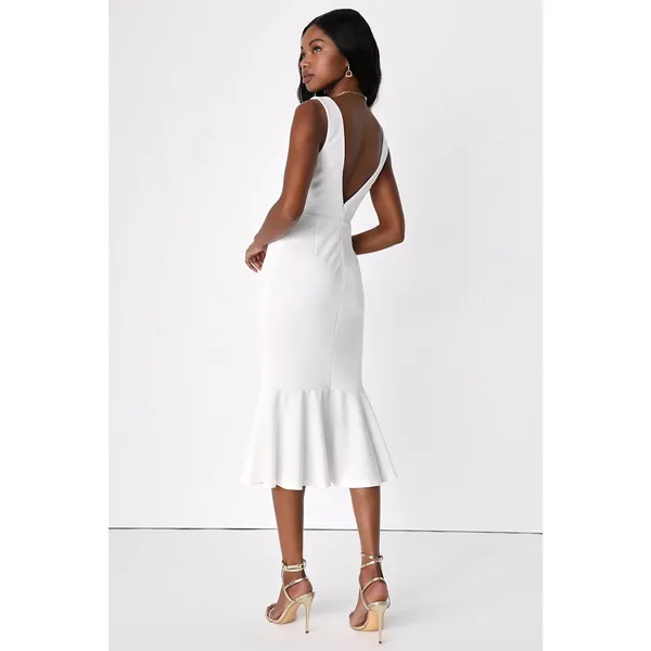 Lulus Moment Maker White Square Neck Trumpet Midi Dress Gala Wedding Medium - Image 3