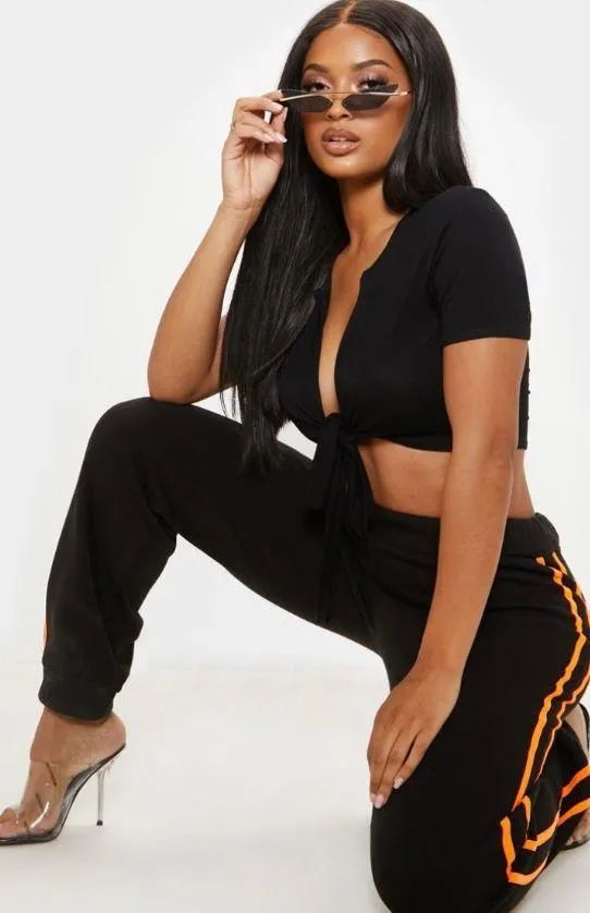 Pretty Little Thing Tie Front Black Crop Top - Image 2