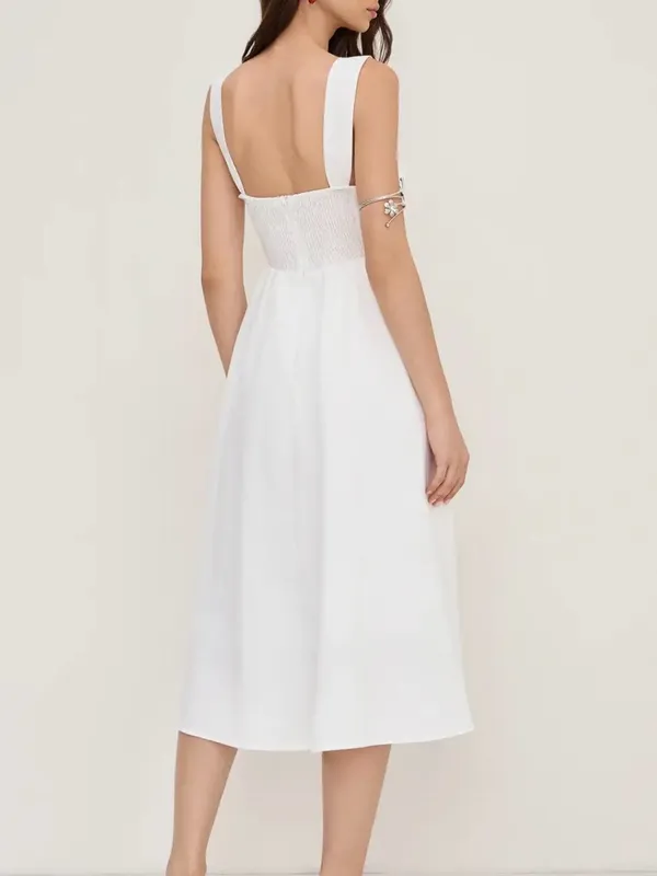 Cider Linen Blend Square Neck Shirred White Midi Dress XS NWT Cottagecore - Image 3