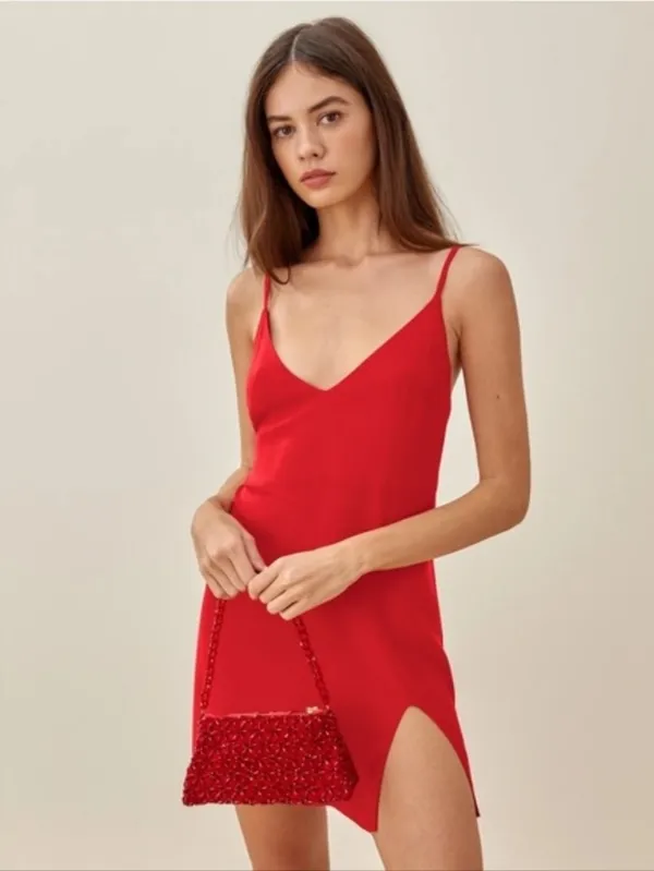 Reformation Marlowe Slip Dress Red V-Neck Spaghetti Strap Mini Slit Womens Sz S - Image 4