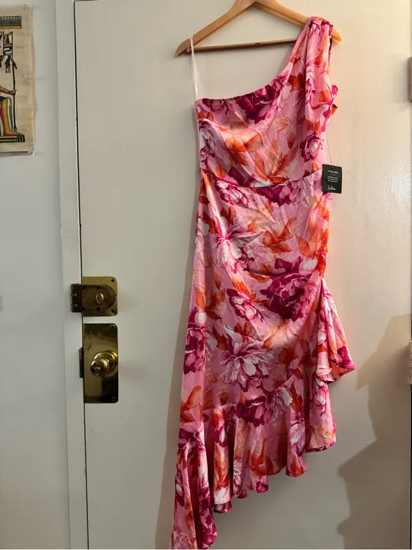 NWT Lulus Divinely Blooming Pink Multi Floral One-Shoulder Midi Dress Large - Image 3