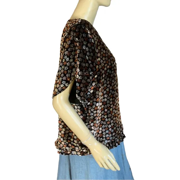 Madewell Velvet Tulip Sleeve Silver & Brown With Ruffle Trim Top Nwt (Xl) - Image 3