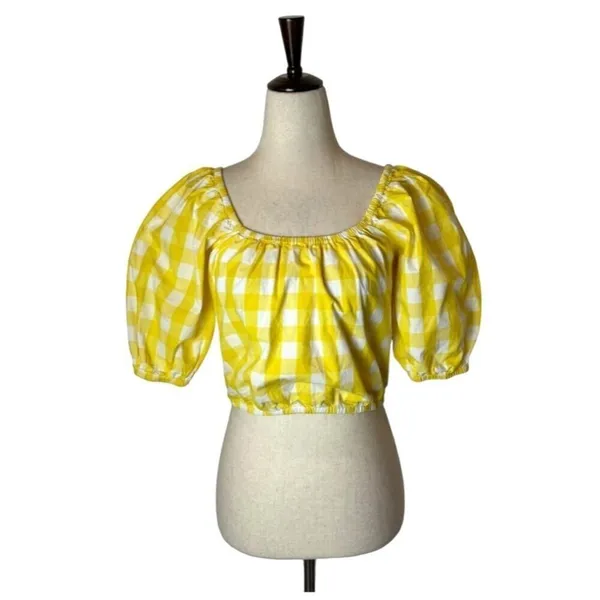 Color Me Courtney Shirt Women Small Yellow White Gingham Cropped Kris Top Boho‎ - Image 2