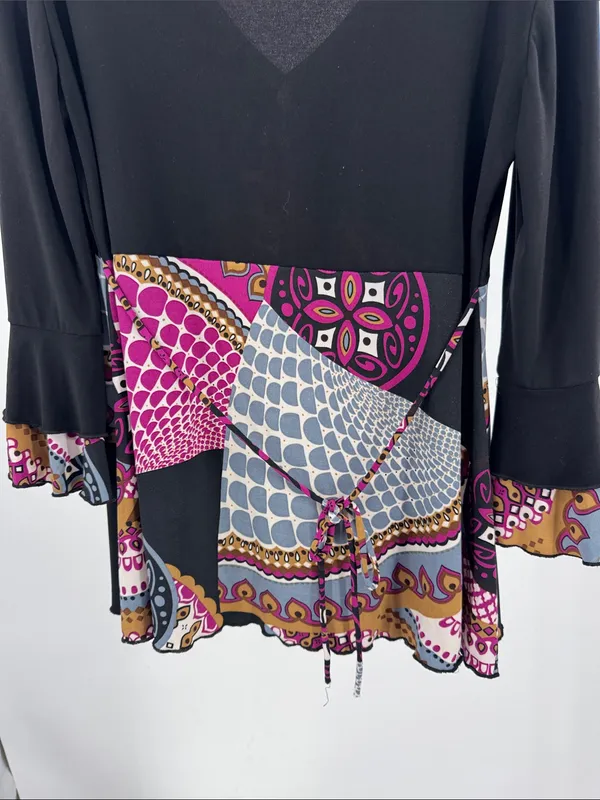 Suzie In The City Black Tunic babydoll ruffle L top Y2K abstract mixed prints - Image 4