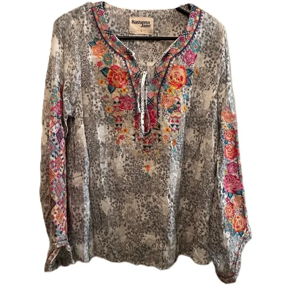 Savannah Jane Embroidered Boho Leopard Long Sleeve Blouse Size Large‎ - Image 11