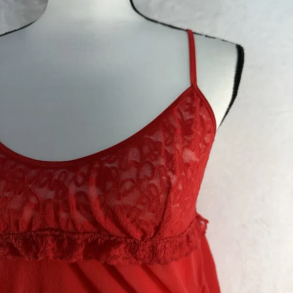 Y2K Victorias Secret XL Sheer Lace Babydoll Top Red Festival Stretch Romantic‎ - Image 3