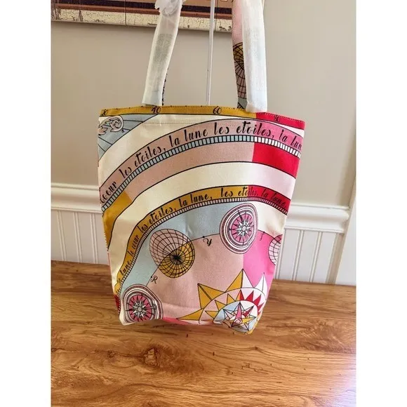 Tory Burch Celestial Canvas Tote Bag Moon Stars Pink Multicolor Large - Image 2