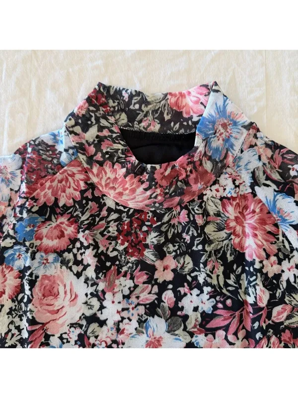 Women's Mock Neck Sheer Lined Long Sleeve Floral Top Size L #260521 - Image 2
